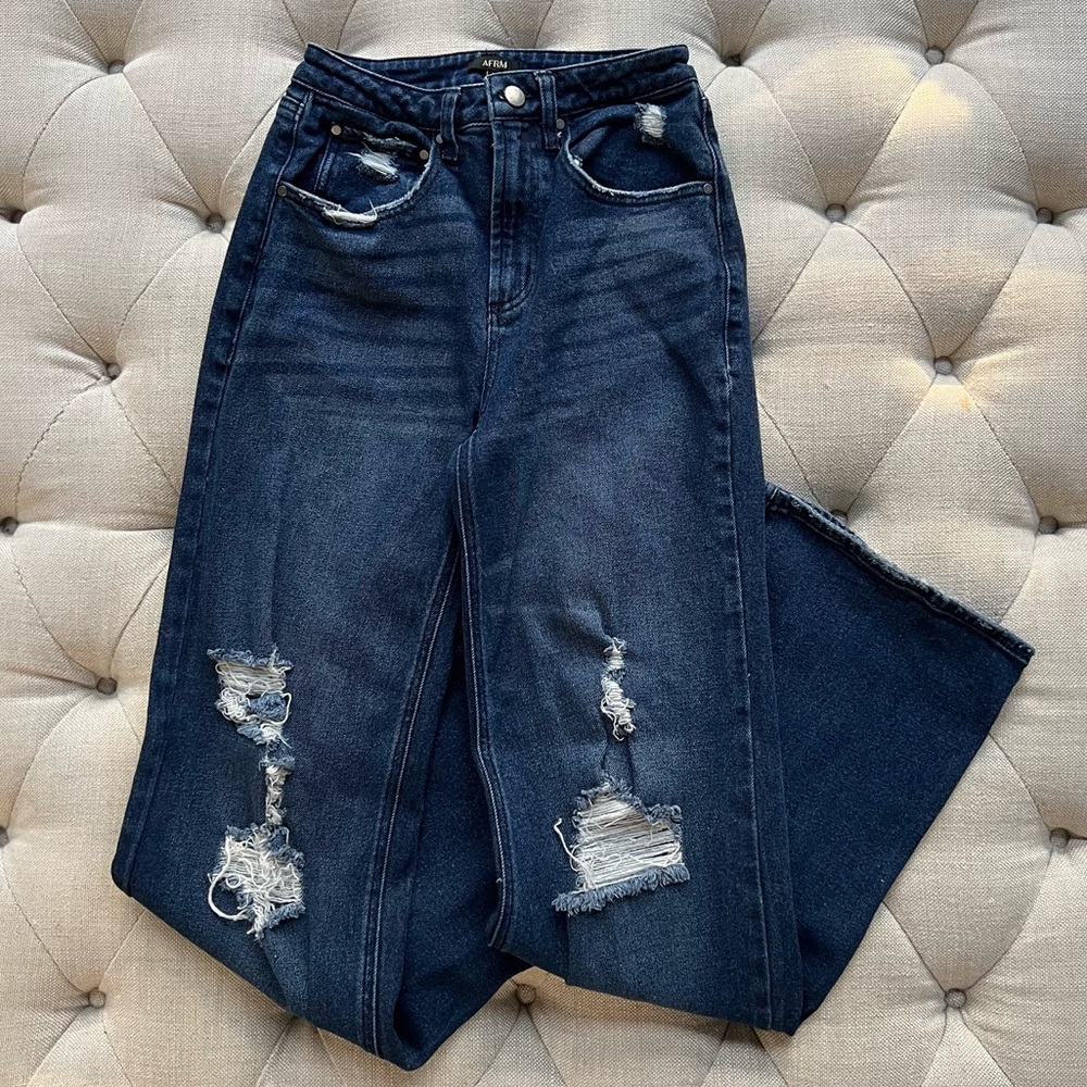 Dark distressed wide leg denim